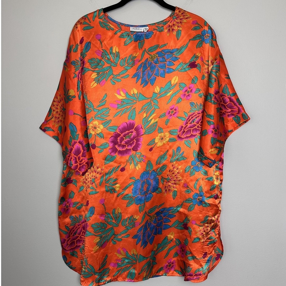 Floral Shirt Dress Women Small Orange Multicolor Oversized Tunic Boho Blouse 90s